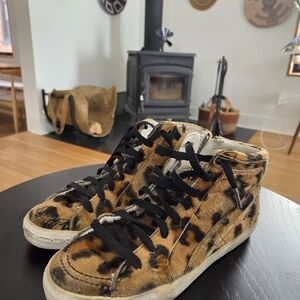 Golden Goose GGDB Slide Leopard Print High-Top Sneakers Size 8.5